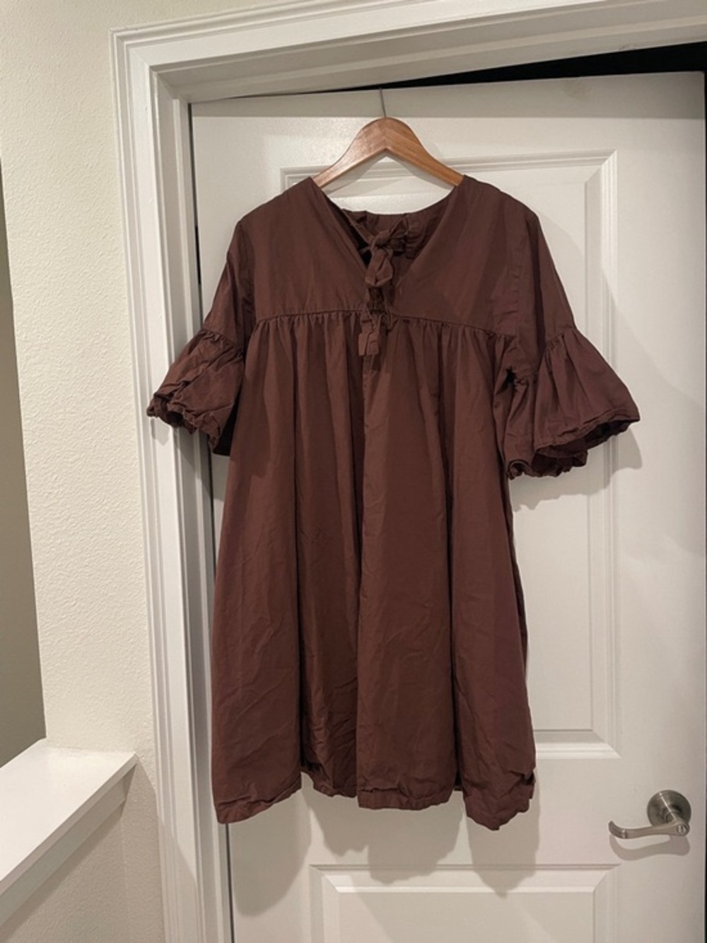 Brown Babydoll Tie-Neck Dress